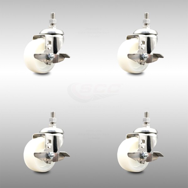 Service Caster 3 Inch 316SS Nylon Wheel Swivel 12mm Threaded Stem Caster Set Brake SCC SCC-SS316TS20S314-NYS-TLB-M1215-4 - main